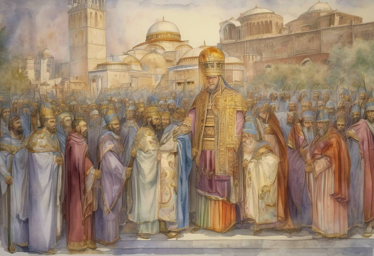 Watercolor painting based depiction of Theophilos becomes Byzantine Emperor. (829)