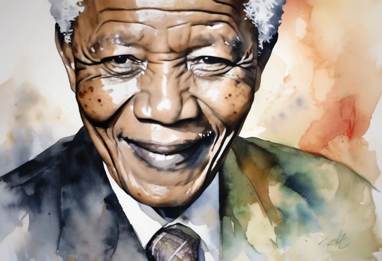 Watercolor painting based depiction of Nelson Mandela, the former President of South Africa and anti-apartheid revolutionary, passes away at the age of 95. His death marks the end of an era in South African history and prompts a global outpouring of tributes and reflections on his legacy. (2013)