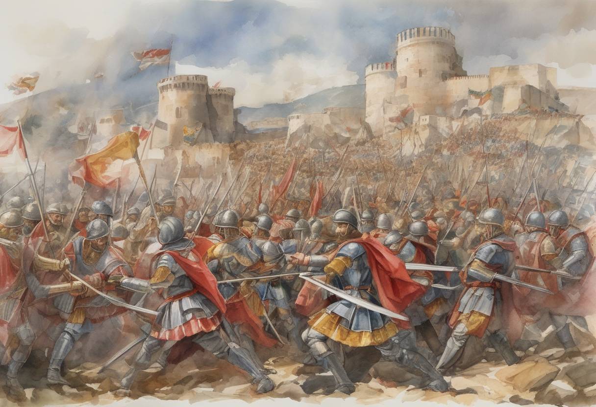 Watercolor painting based depiction of The Battle of Capo Colonna takes place, where the forces of the Holy Roman Emperor Otto II are defeated by the Muslim forces of the Emirate of Sicily. (982)