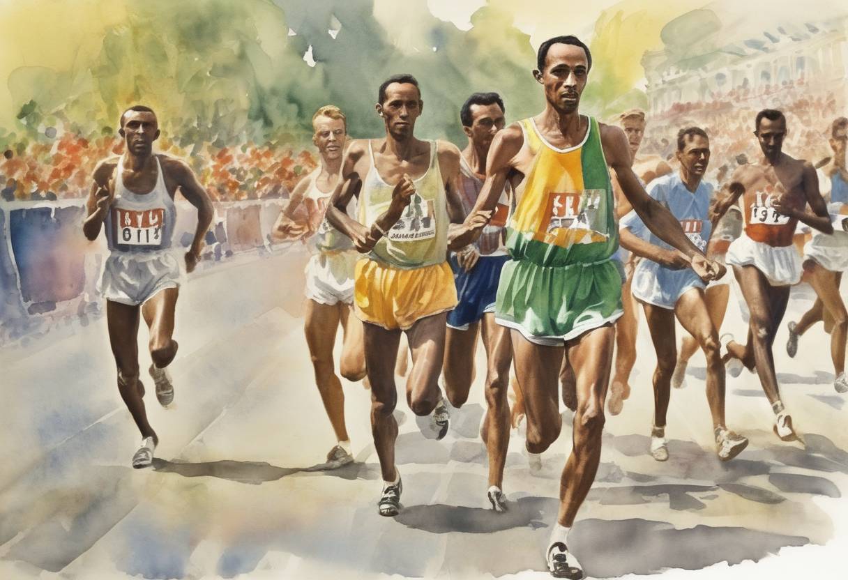 Watercolor painting based depiction of At the Summer Olympics in Rome, Abebe Bikila of Ethiopia won the marathon barefoot, becoming the first African to win an Olympic gold medal. (1960)