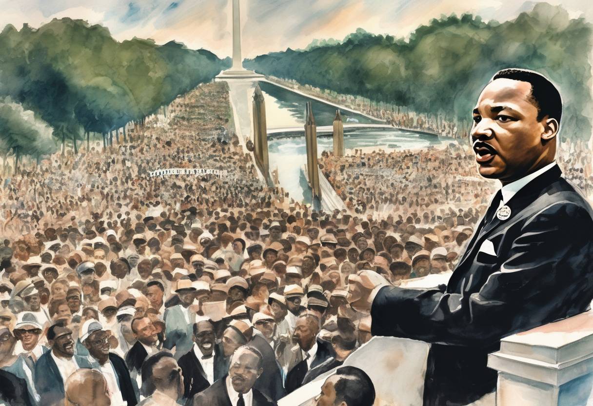 Watercolor painting based depiction of Martin Luther King Jr. delivers his iconic 'I Have a Dream' speech during the March on Washington for Jobs and Freedom. (1963)
