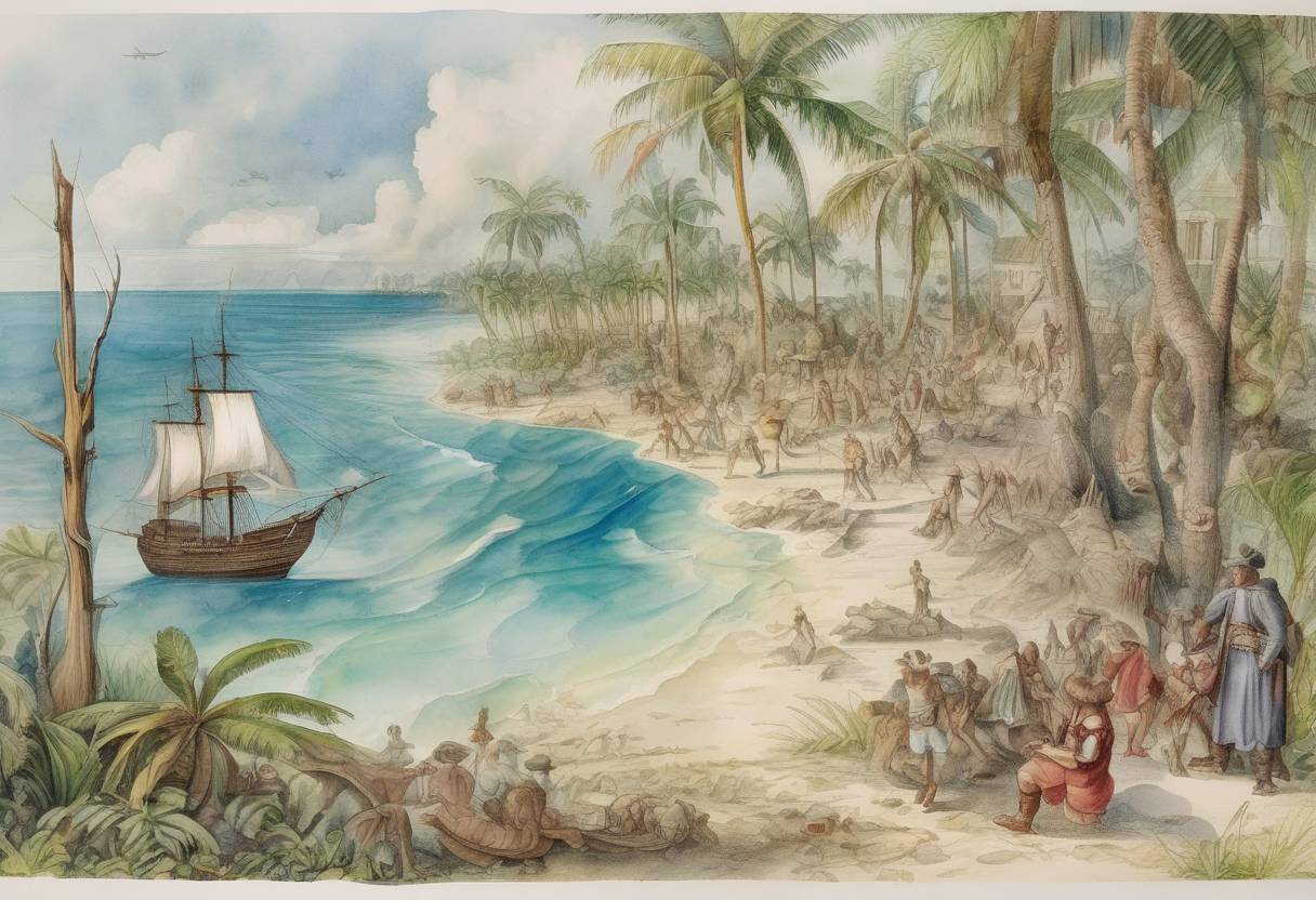Watercolor painting based depiction of Christopher Columbus made landfall in the Bahamas, marking the first European encounter with the Americas in what is now known as the Age of Exploration. (1492)