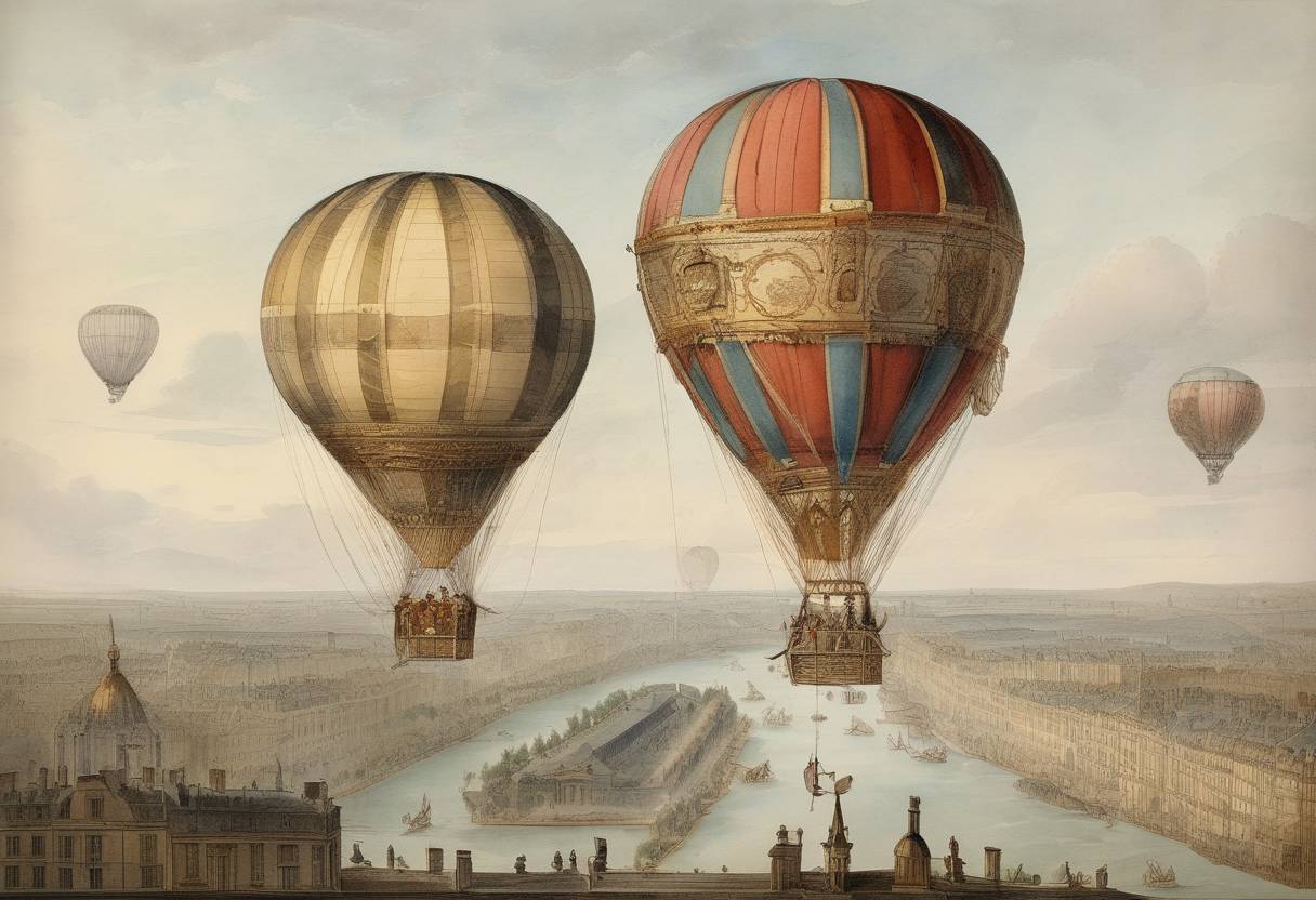 Watercolor painting based depiction of The first untethered manned flight was made in a hot air balloon by Jean-François Pilâtre de Rozier and François Laurent d'Arlandes. (1783)