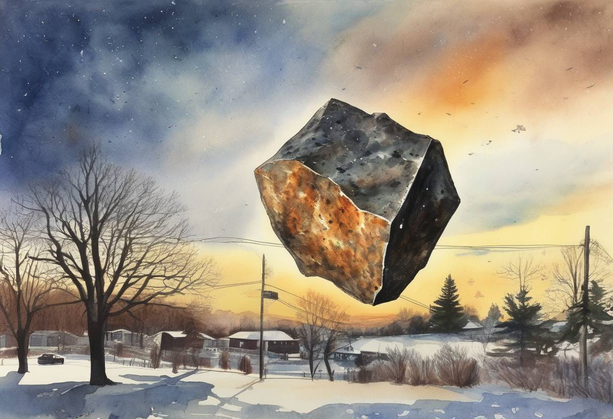 Watercolor painting based depiction of A meteorite weighing about 27 pounds struck a parked car in Peekskill, New York, becoming one of the most well-documented meteorite events in history. (1992)