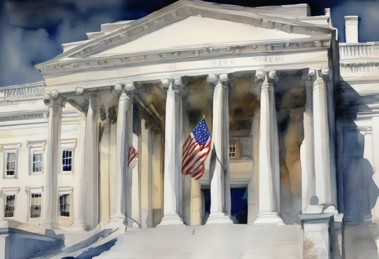 Watercolor painting based depiction of The United States ends a 16-day government shutdown and raises the debt ceiling after Congress passes a bill to fund the government. (2013)