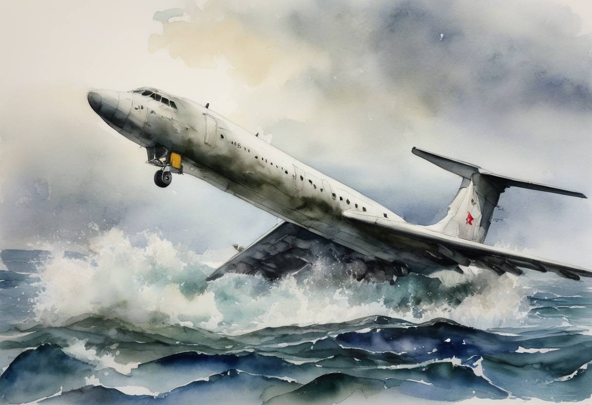 Watercolor painting based depiction of A Russian military plane, a Tupolev Tu-154, crashed into the Black Sea shortly after takeoff from Sochi, Russia, killing all 92 people on board, including members of the Alexandrov Ensemble choir. (2016)