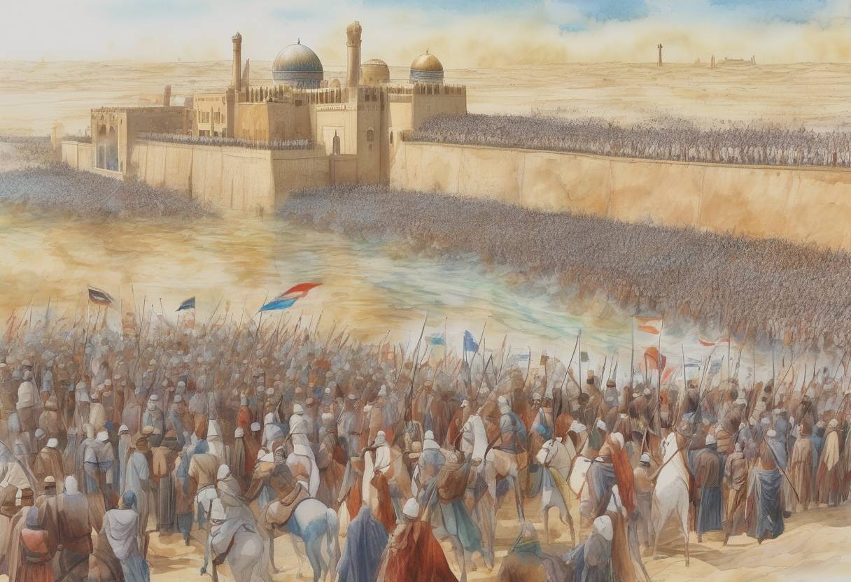 Watercolor painting based depiction of The Umayyad Caliphate is overthrown by the Abbasid Caliphate in the Battle of the Zab, leading to the establishment of the Abbasid dynasty and a significant shift in Islamic history. (749)