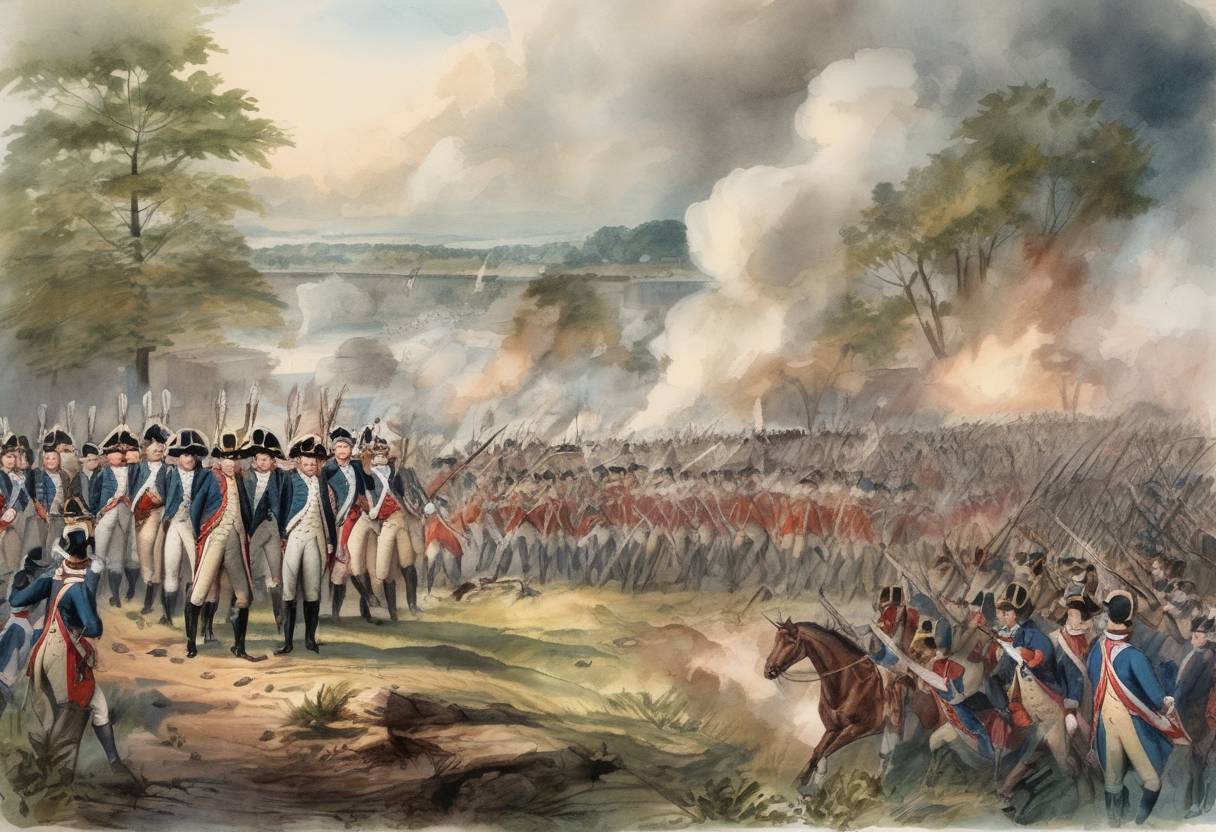 Watercolor painting based depiction of The Battle of Fort Washington ends in a decisive British victory during the American Revolutionary War. (1776)