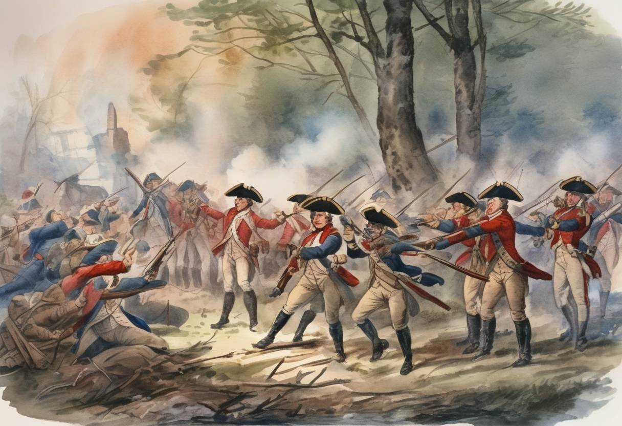 Watercolor painting based depiction of American Revolutionary War: Patriot revolutionary forces under Colonel Ethan Allen attack Montreal, but are defeated by British defenders. (1775)