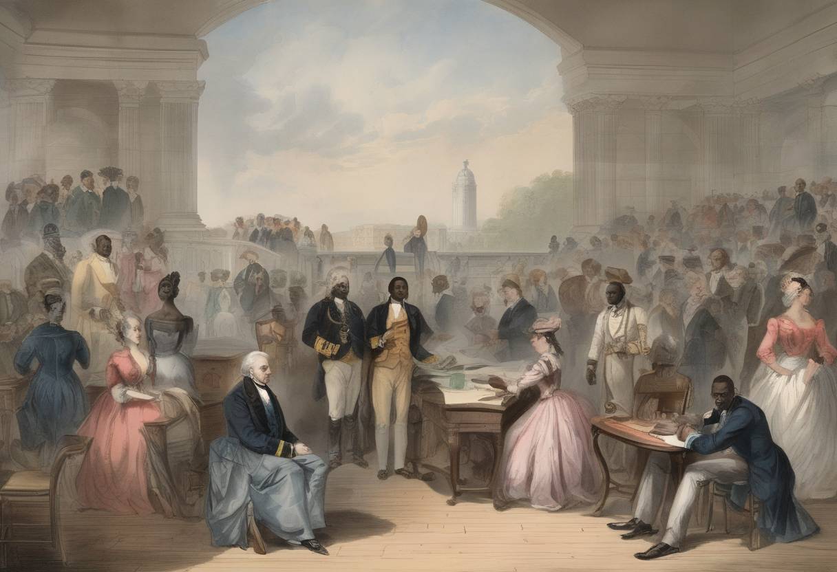 Watercolor painting based depiction of The United States and the United Kingdom agreed to suppress the African slave trade. (1862)