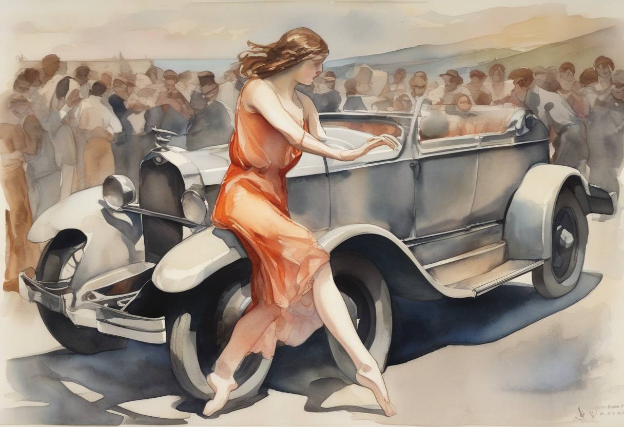Watercolor painting based depiction of Dancer Isadora Duncan dies in a car accident in Nice, France. (1927)
