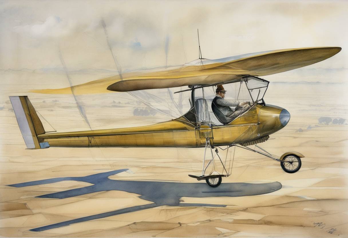 Watercolor painting based depiction of Juan de la Cierva made the first successful flight of an autogyro, a predecessor to the helicopter. (1923)