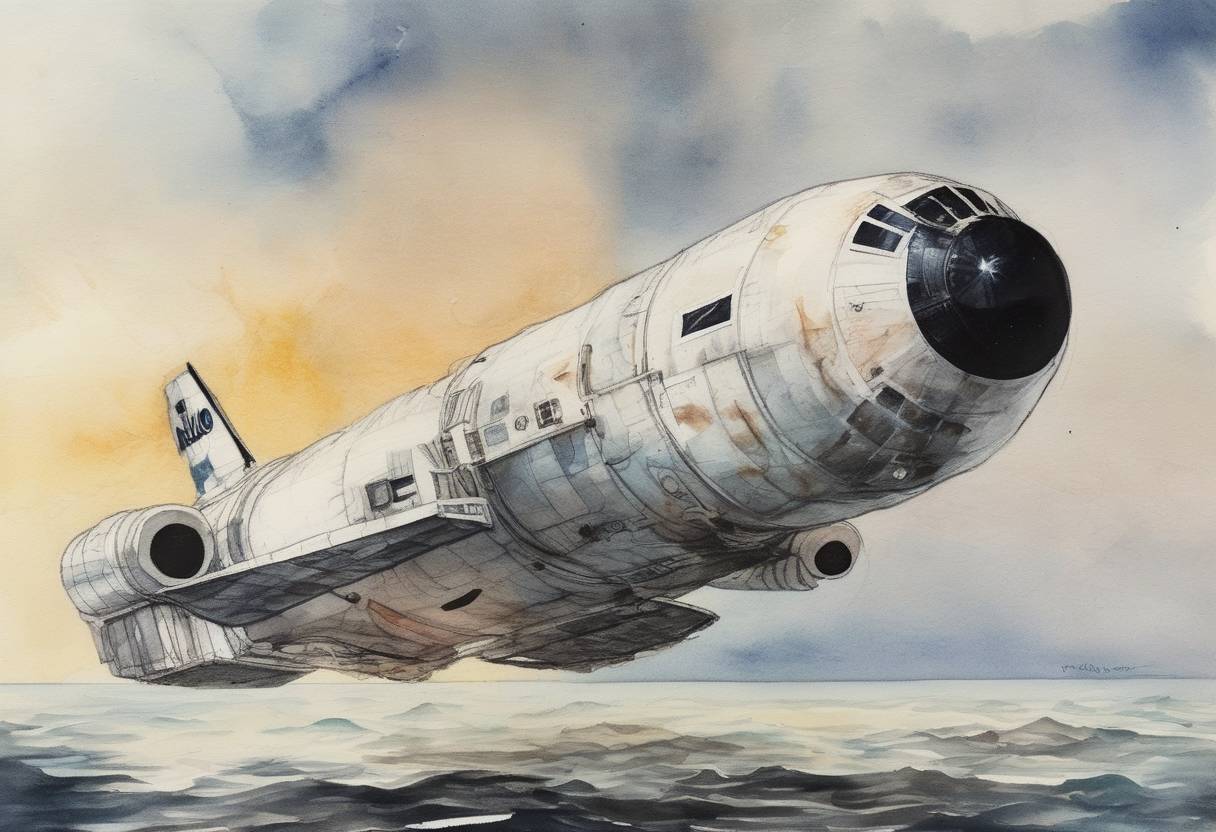 Watercolor painting based depiction of Apollo 10 returned to Earth after a successful eight-day mission orbiting the Moon, serving as a 'dress rehearsal' for the first Moon landing. (1969)