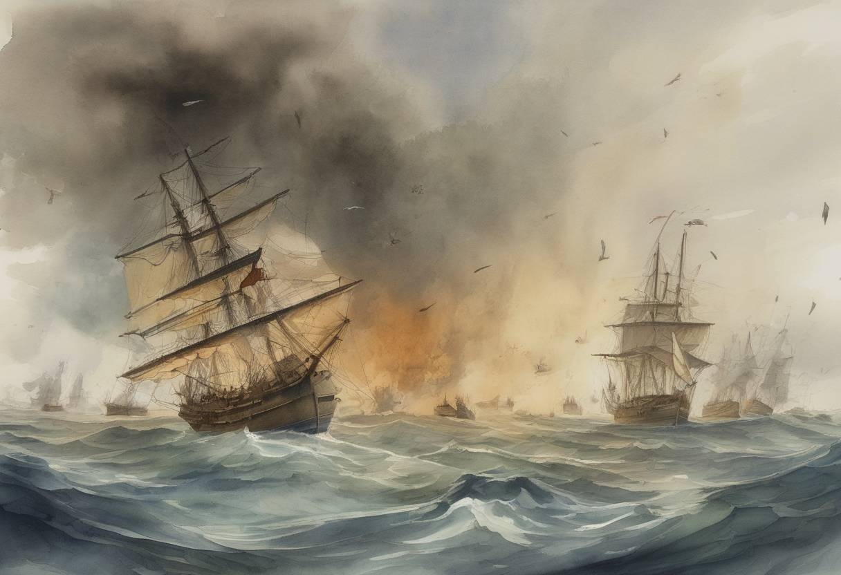Watercolor painting based depiction of The Scilly naval disaster occurred when four British Royal Navy ships were wrecked off the Isles of Scilly, resulting in the loss of nearly 2,000 sailors. (1707)