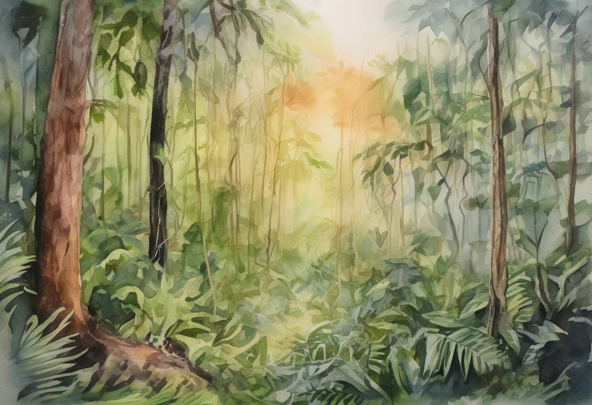 Watercolor painting based depiction of The Amazon rainforest fires gained international attention, leading to global concern over environmental policies in Brazil and the impact on climate change. (2019)