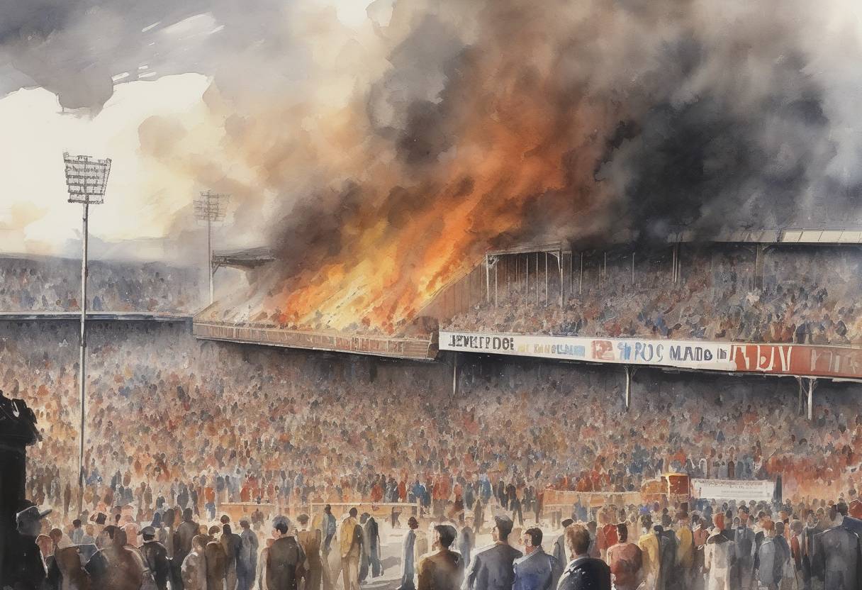 Watercolor painting based depiction of Fifty-six spectators died and more than 200 were injured in the Bradford City stadium fire in England. (1985)