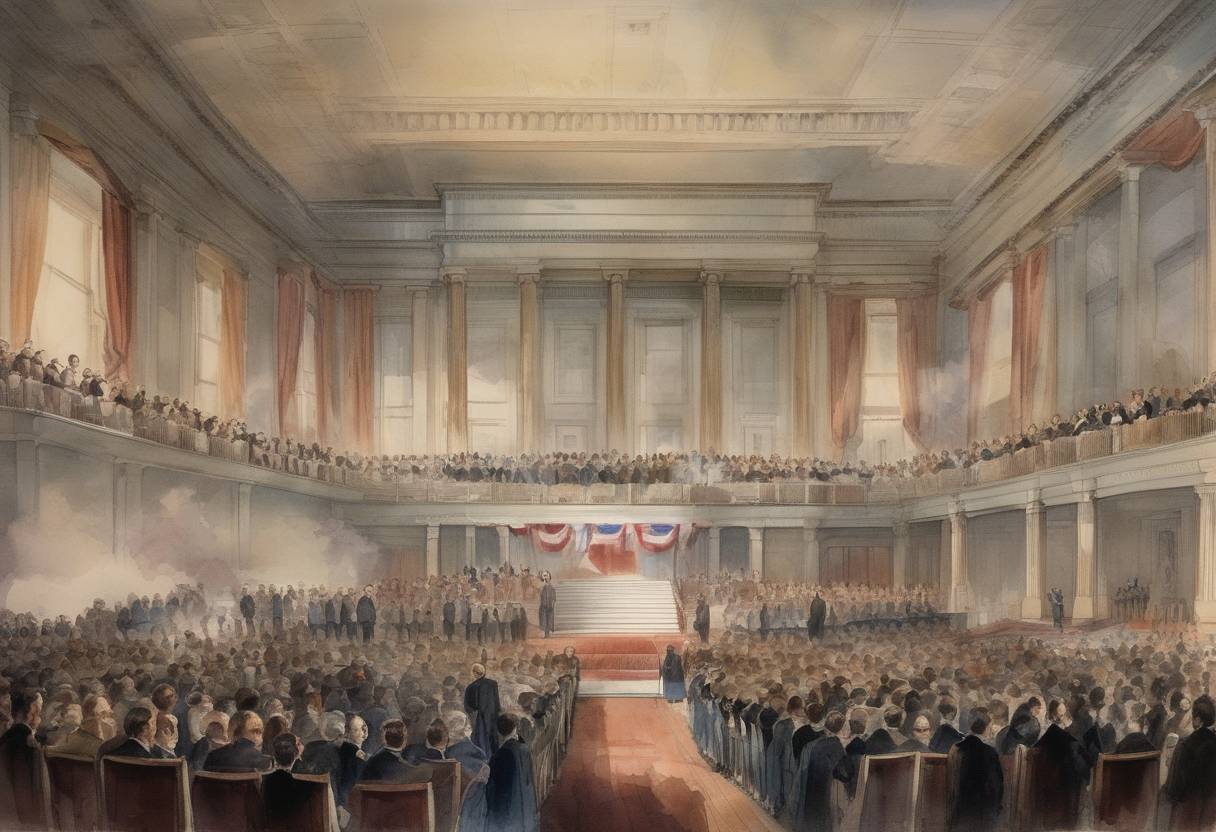 Watercolor painting based depiction of Abraham Lincoln was inaugurated as the 16th President of the United States. (1861)
