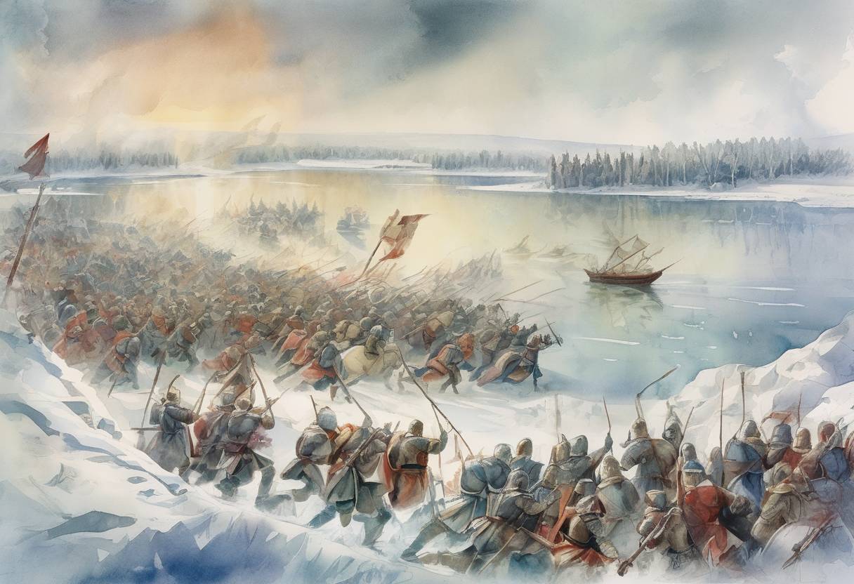 Watercolor painting based depiction of The Battle of the Ice took place on Lake Peipus, where Russian forces led by Alexander Nevsky defeated the Teutonic Knights. (1242)