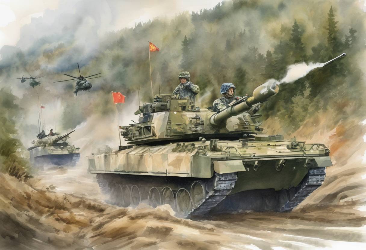 Watercolor painting based depiction of The first-ever joint military exercises between Russia and China, known as Peace Mission 2005, began, marking a significant step in military cooperation between the two nations. (2005)