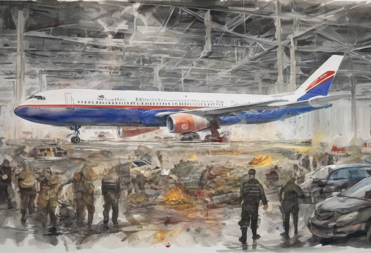 Watercolor painting based depiction of A suicide bombing at Domodedovo International Airport in Moscow killed 37 people and injured over 180, highlighting ongoing security challenges in Russia. (2011)
