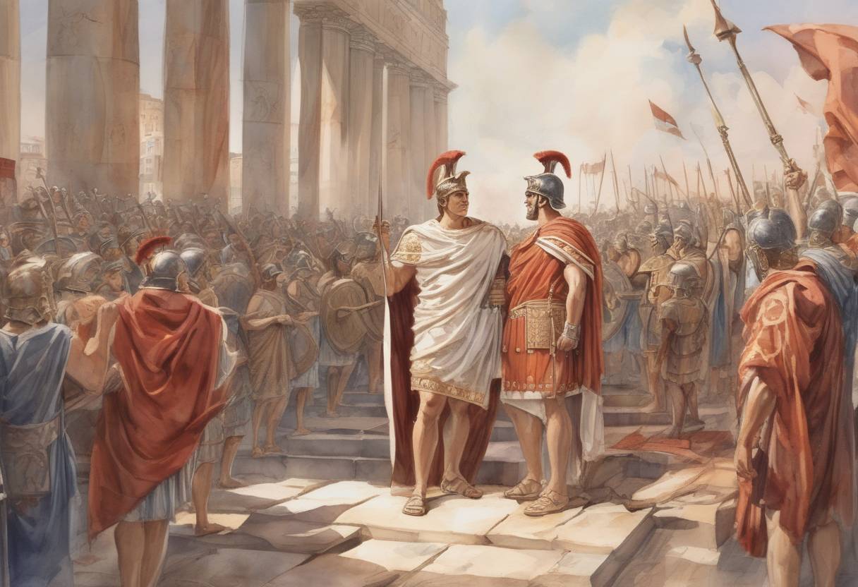 Watercolor painting based depiction of Tiberius Julius Alexander orders his Roman legions in Alexandria to swear allegiance to Vespasian as Emperor, marking a pivotal moment in the Year of the Four Emperors. (69)