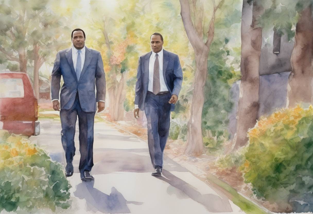 Watercolor painting based depiction of A civil jury found O.J. Simpson liable for the wrongful deaths of Ron Goldman and Nicole Brown Simpson. (1997)