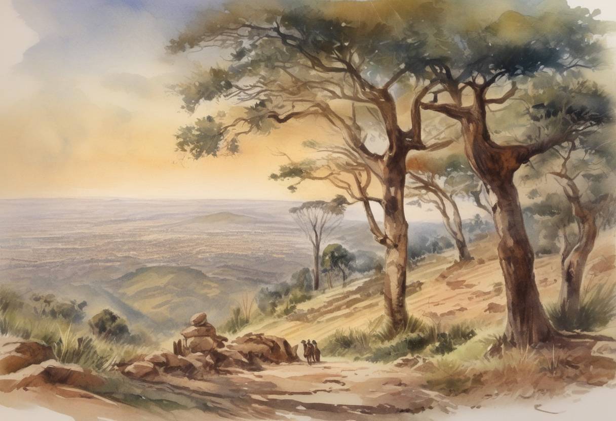 Watercolor painting based depiction of The Union of South Africa was created from the British colonies of the Cape Colony, Natal, Transvaal, and the Orange Free State, marking the beginning of a unified South African state. (1910)