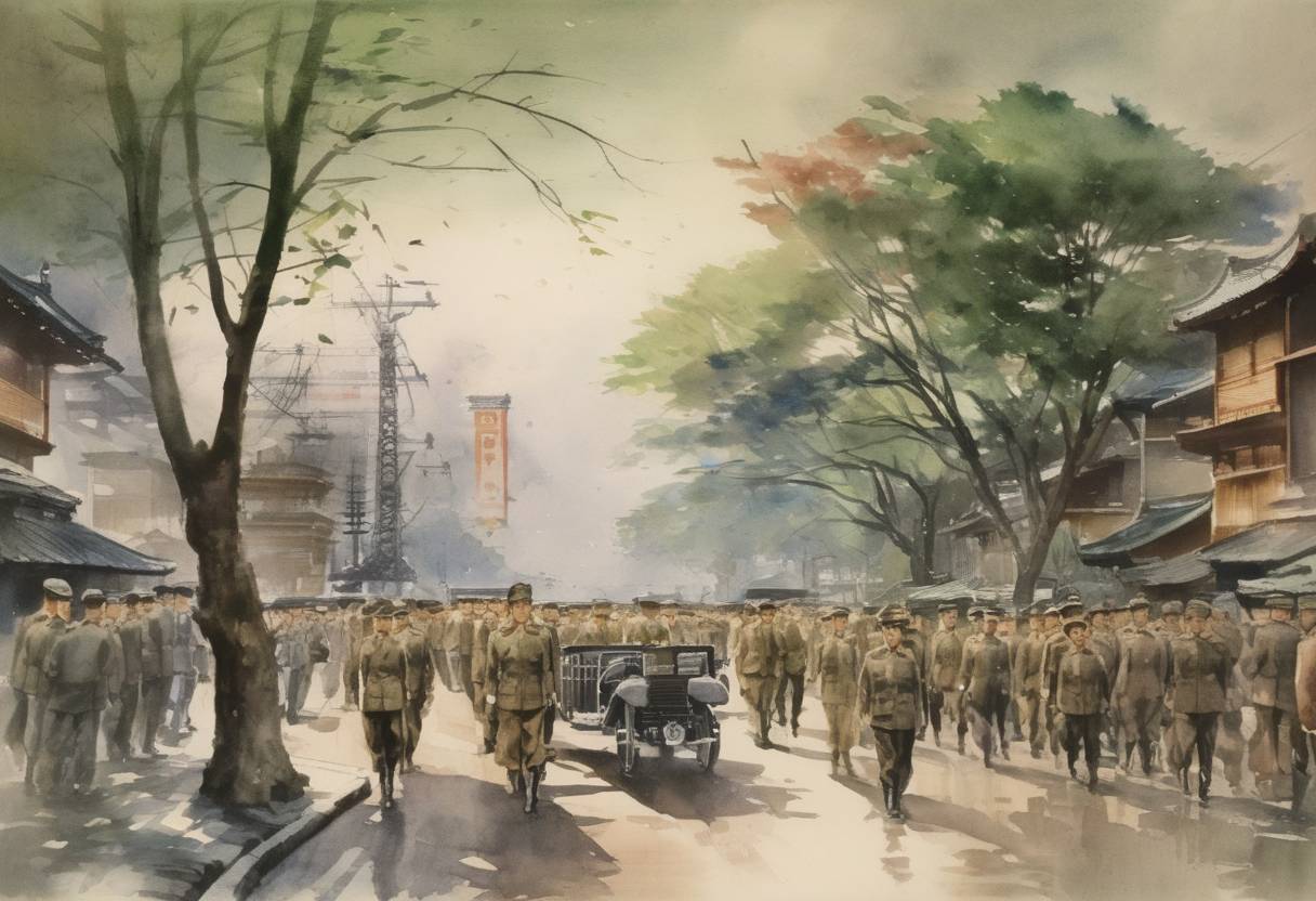Watercolor painting based depiction of Japan offered to surrender in World War II, provided that the status of Emperor Hirohito remained unchanged. (1945)