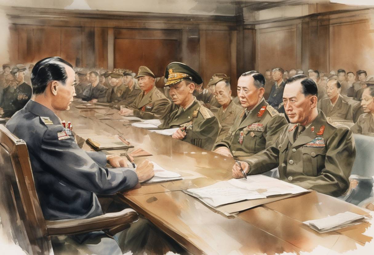 Watercolor painting based depiction of General Douglas MacArthur established the International Military Tribunal for the Far East in Tokyo to try Japanese war criminals. (1946)