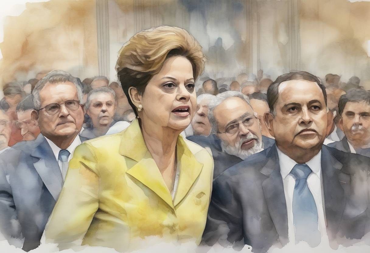 Watercolor painting based depiction of Brazil's Senate voted to suspend President Dilma Rousseff and begin an impeachment trial against her. (2016)