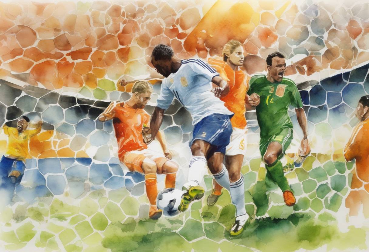 Watercolor painting based depiction of The FIFA World Cup final took place in Johannesburg, South Africa, where Spain defeated the Netherlands 1-0 to win their first World Cup title. The only goal was scored by Andrés Iniesta during extra time. (2010)