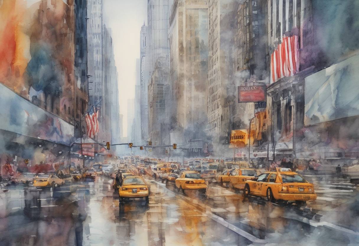 Watercolor painting based depiction of The Dow Jones Industrial Average plunges 879 points, marking one of the largest single-day point drops in history, amid fears of the COVID-19 pandemic's economic impact. (2020)