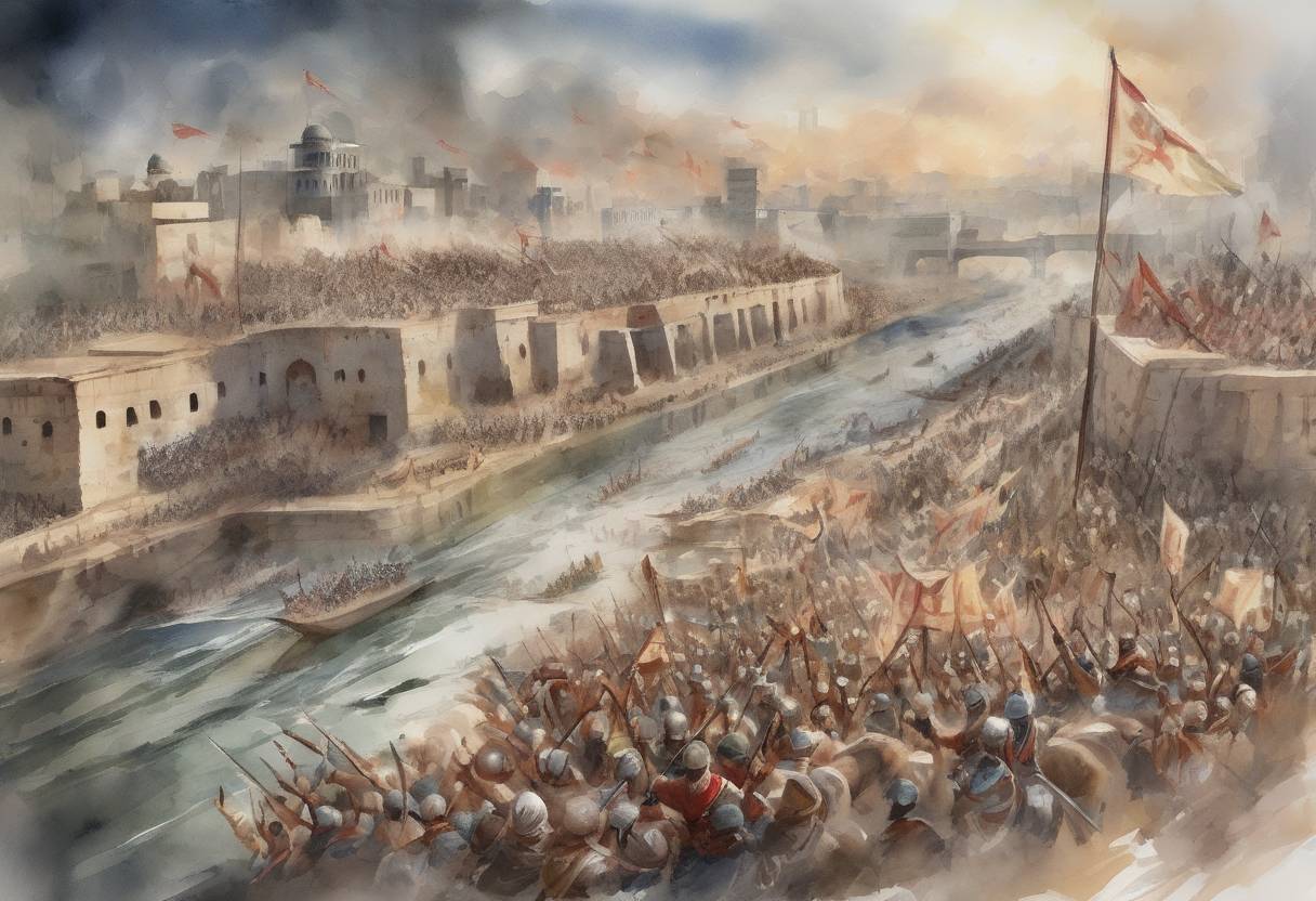 Watercolor painting based depiction of The Battle of Yarmouk begins, a major battle between the Byzantine Empire and the Rashidun Caliphate, which resulted in a decisive Muslim victory and marked the beginning of Muslim expansion into the Levant. (636)