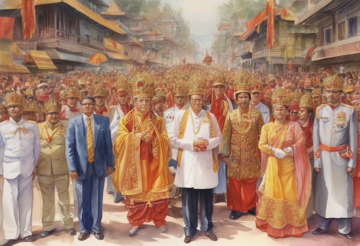 Watercolor painting based depiction of Gyanendra is crowned King of Nepal following the royal massacre in which King Birendra and several members of the royal family were killed. (2001)