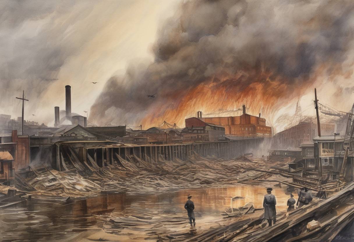 Watercolor painting based depiction of The Great Molasses Flood occurred in Boston, Massachusetts, when a large storage tank burst, releasing a wave of molasses that killed 21 people. (1919)