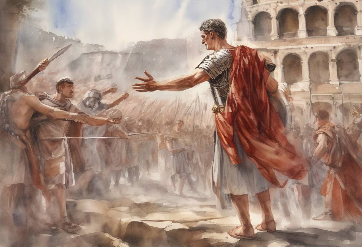Watercolor painting based depiction of Germanicus, a prominent Roman general and member of the Julio-Claudian dynasty, celebrated a triumph in Rome for his victories over the Germanic tribes. (17)