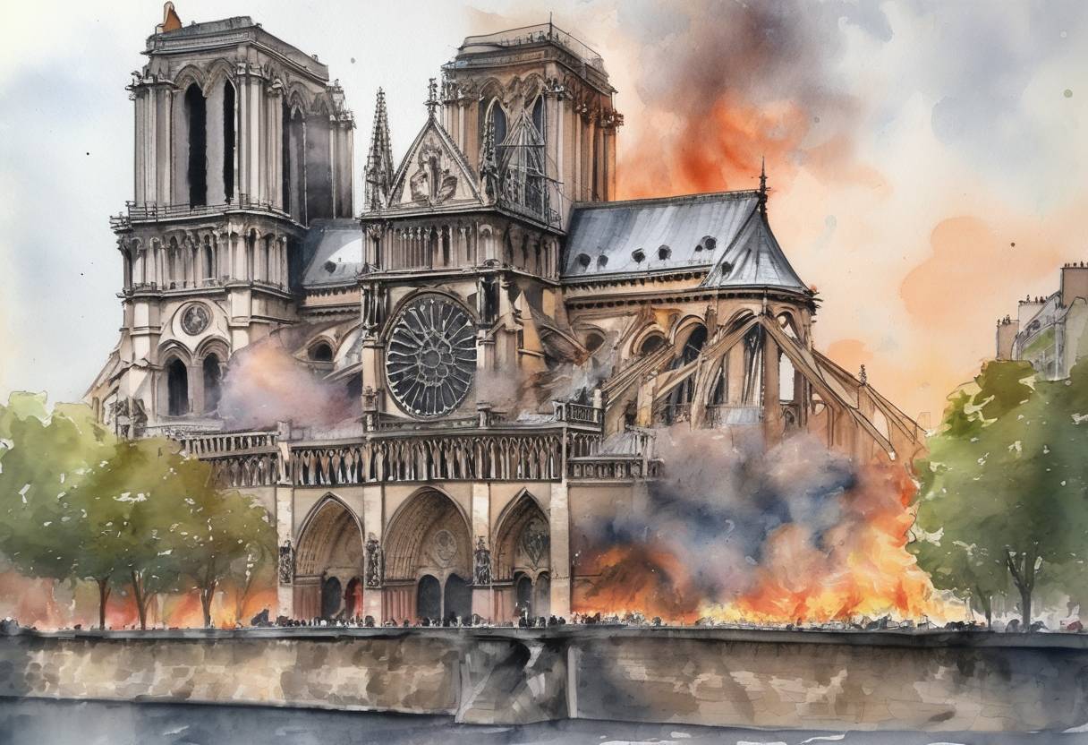 Watercolor painting based depiction of A major fire engulfed the Notre-Dame Cathedral in Paris, causing significant damage to the historic structure, including the collapse of its spire and roof. (2019)