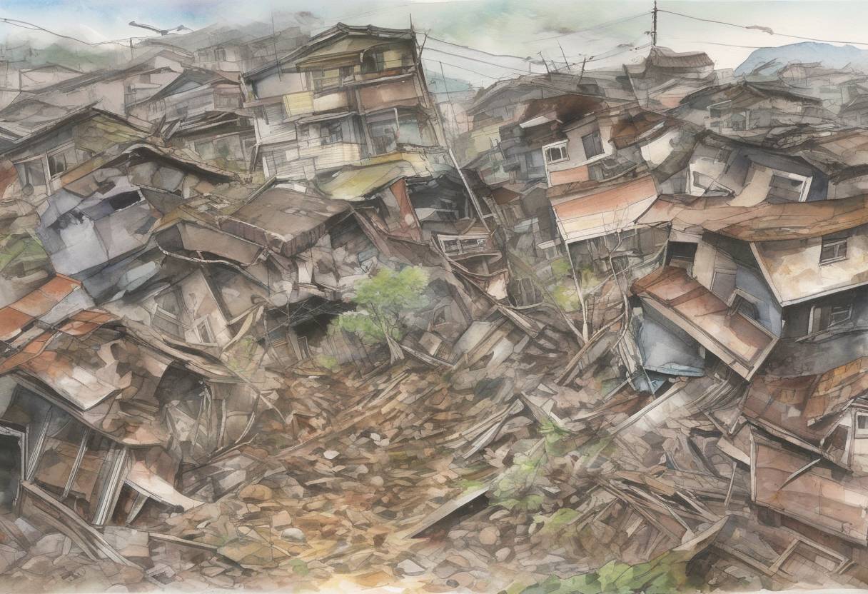 Watercolor painting based depiction of An earthquake with a magnitude of 6.8 struck Niigata Prefecture in Japan, causing significant damage and resulting in the deaths of at least 11 people. The earthquake also led to a fire and radiation leak at the Kashiwazaki-Kariwa Nuclear Power Plant. (2007)