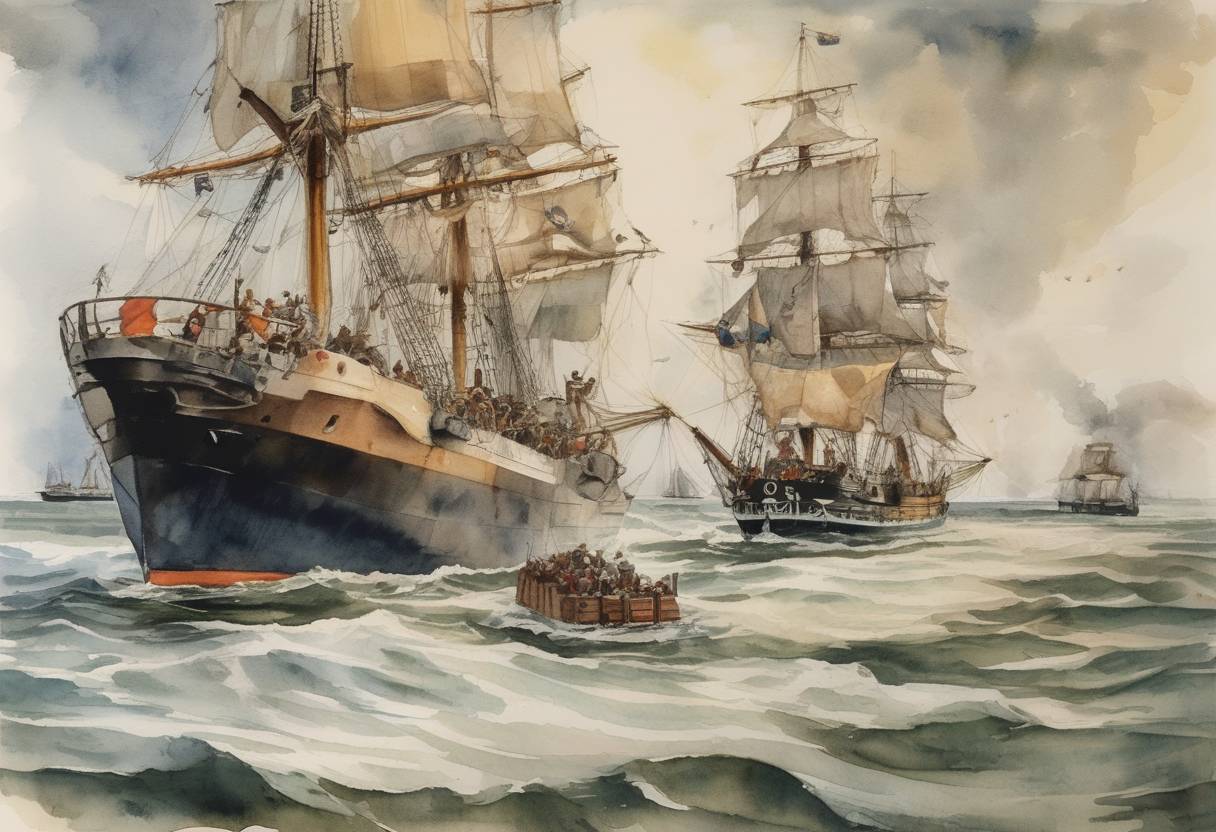 Watercolor painting based depiction of Black Tot Day: The British Royal Navy issued the last daily rum ration to sailors, ending a 300-year-old tradition. (1970)