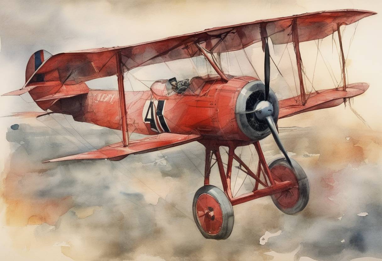 Watercolor painting based depiction of German fighter ace Manfred von Richthofen, known as the 'Red Baron', was shot down and killed during World War I. (1918)