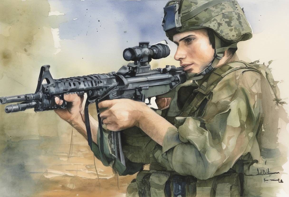 Watercolor painting based depiction of Gilad Shalit, an Israeli soldier, was captured by Palestinian militants in a cross-border raid from the Gaza Strip, leading to a prolonged conflict and negotiations for his release. (2006)