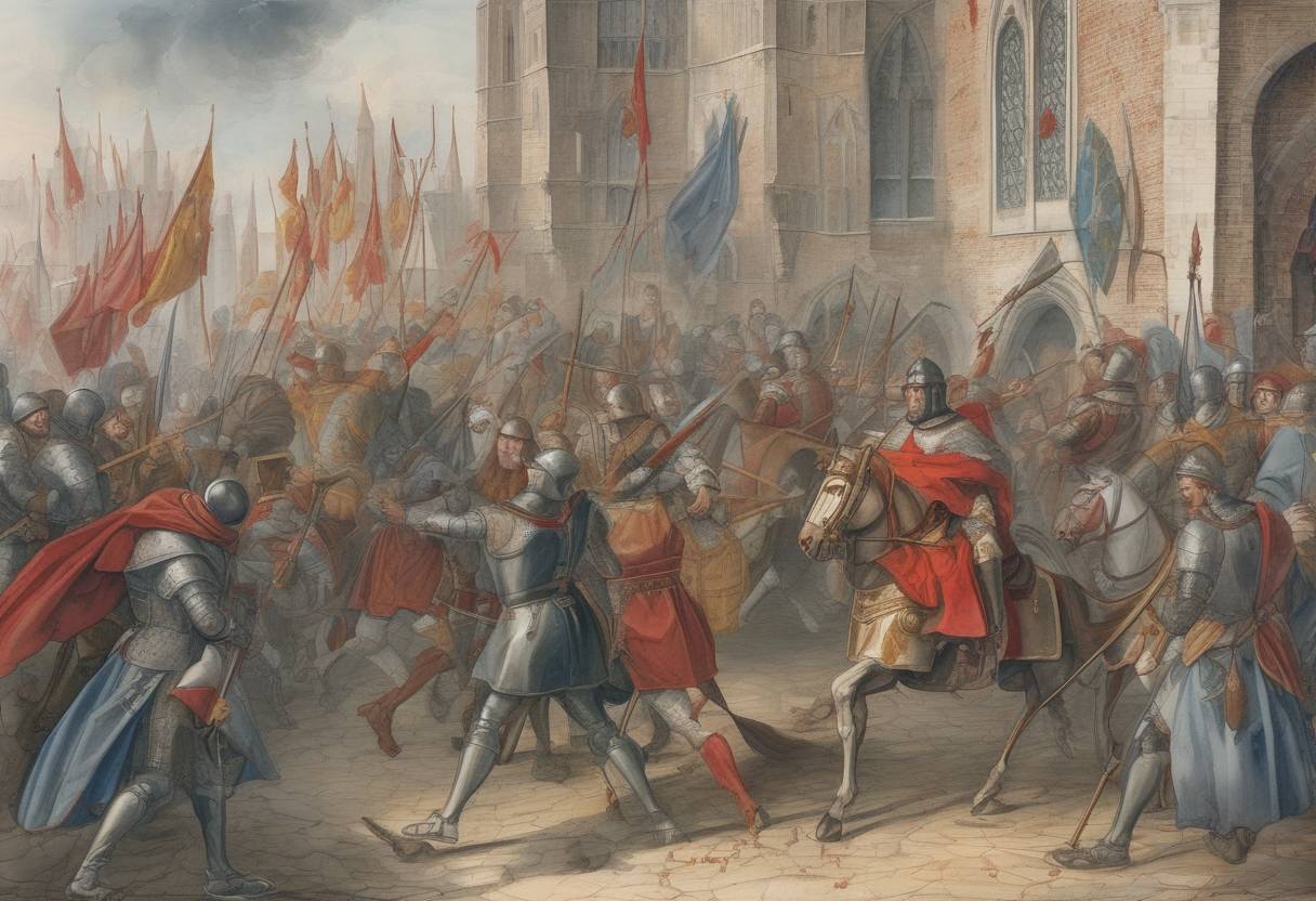 Watercolor painting based depiction of Assassination of Charles the Good, Count of Flanders, in Bruges, which led to a succession crisis and a period of instability in the region. (1127)