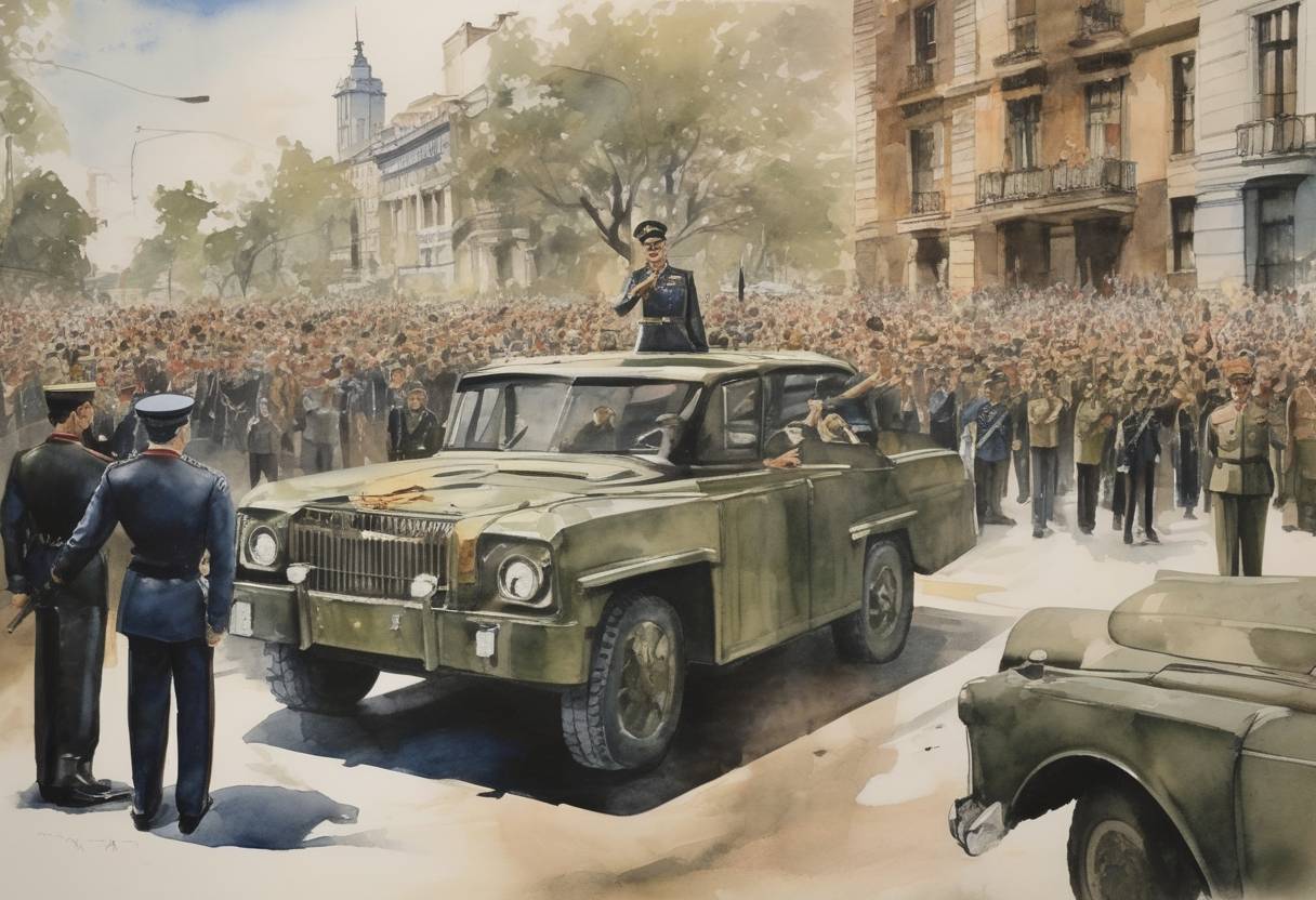 Watercolor painting based depiction of A military coup in Argentina led by Jorge Rafael Videla ousted President Isabel Perón, beginning a period of dictatorship known as the National Reorganization Process. (1976)