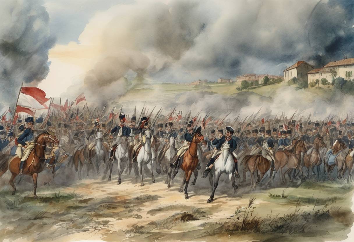 Watercolor painting based depiction of The Battle of Marengo takes place, where Napoleon Bonaparte's French forces defeat the Austrians in Italy. (1800)