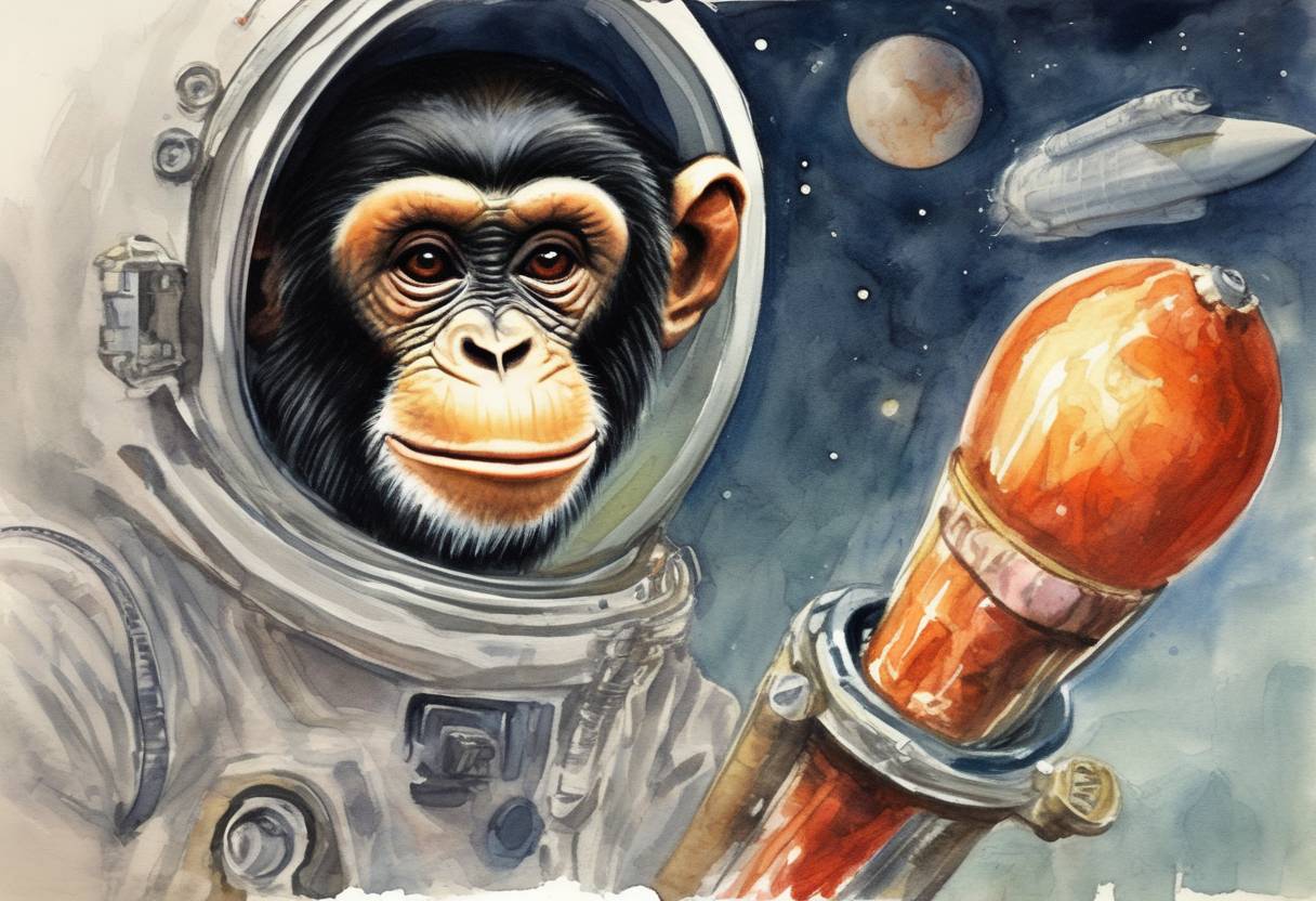 Watercolor painting based depiction of Ham the Chimp travels into outer space aboard Mercury-Redstone 2, becoming the first hominid launched into space. (1961)