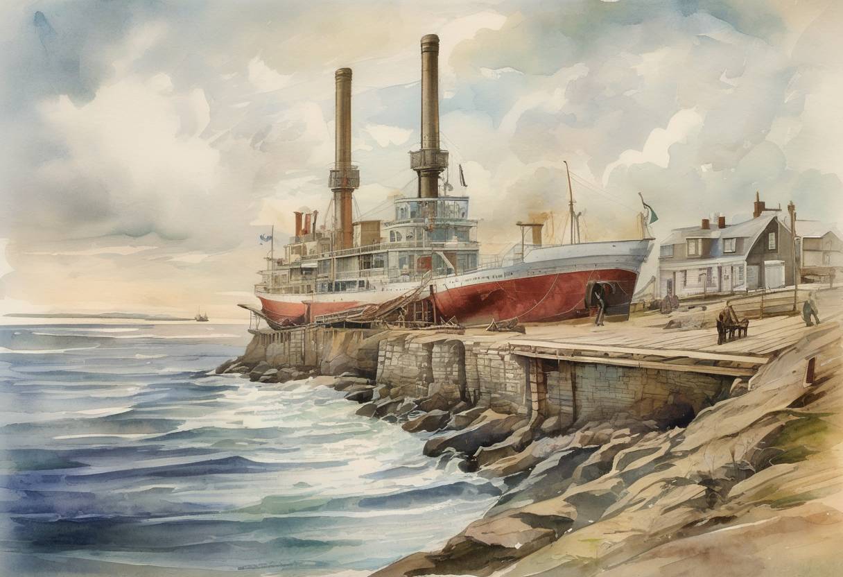 Watercolor painting based depiction of Guglielmo Marconi's company began the first commercial transatlantic wireless service between Glace Bay, Nova Scotia, Canada, and Clifden, Ireland. (1907)