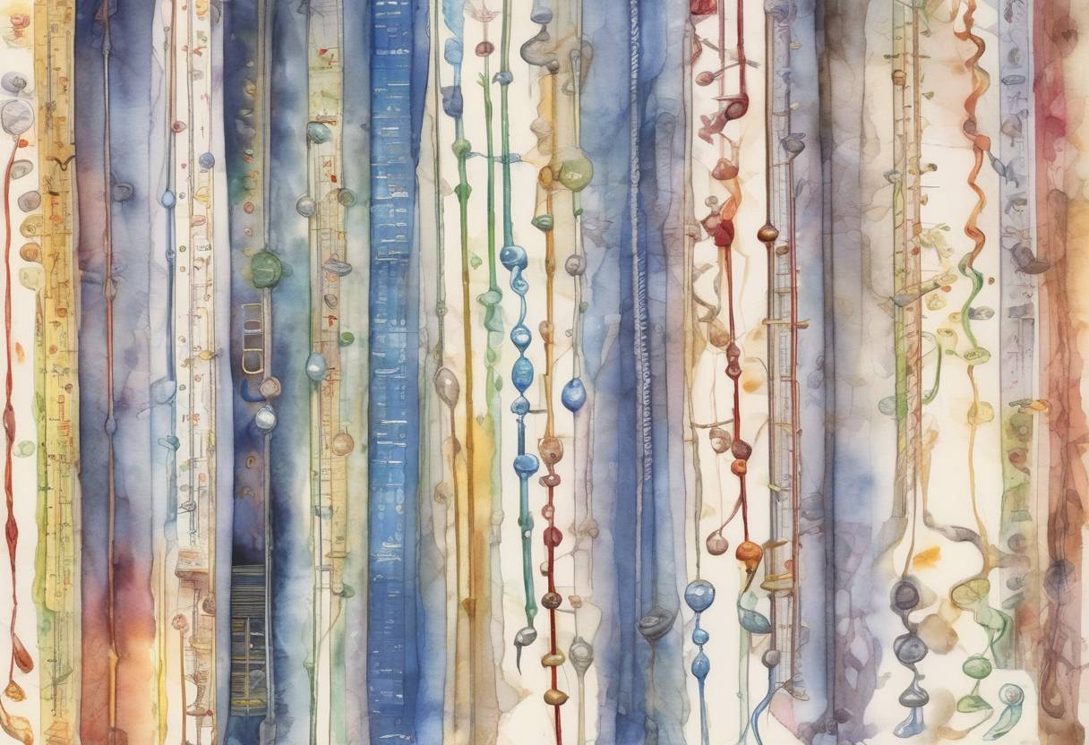 Watercolor painting based depiction of The first draft of the complete human genome is announced by scientists at the Human Genome Project. (2000)