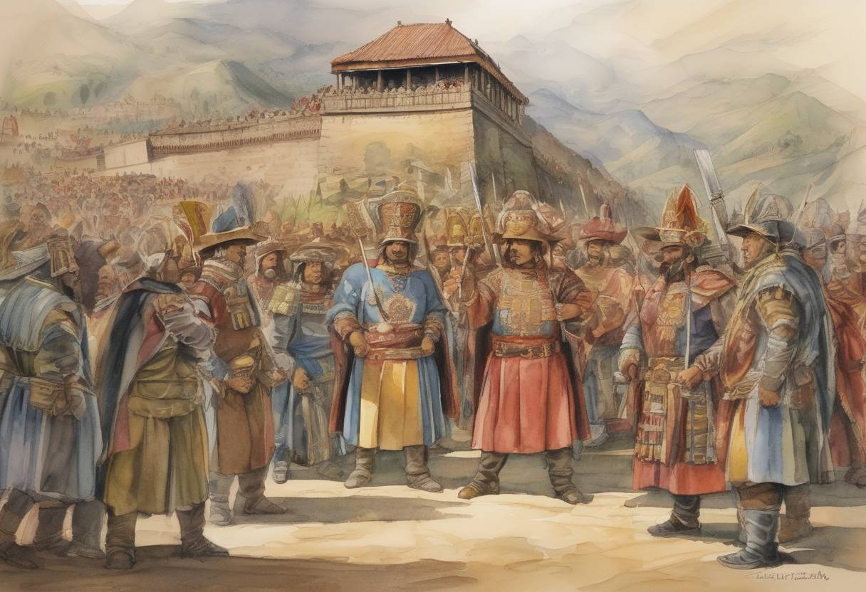 Watercolor painting based depiction of Atahualpa, the last Inca Emperor, was executed by Spanish conquistadors under Francisco Pizarro's command, marking a significant event in the Spanish conquest of the Inca Empire. (1533)