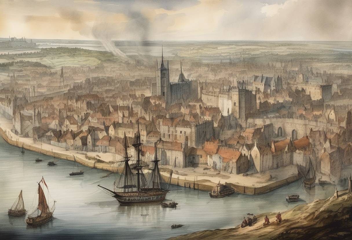 Watercolor painting based depiction of After a ten-day siege, the city of Drogheda in Ireland falls to Oliver Cromwell's forces during the Irish Confederate Wars. (1649)