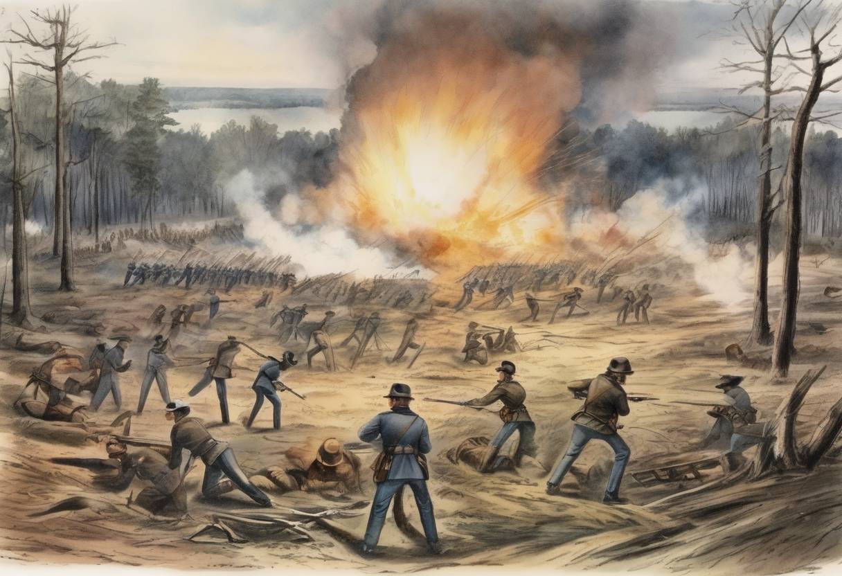 Watercolor painting based depiction of The Battle of the Crater takes place during the American Civil War. Union forces detonate a mine beneath the Confederate defense lines at Petersburg, Virginia, but the attack ends in a disastrous defeat for the Union. (1864)